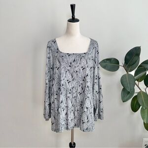 Lands End Size 2XL Square Neck Peasant Top Black White Paisley